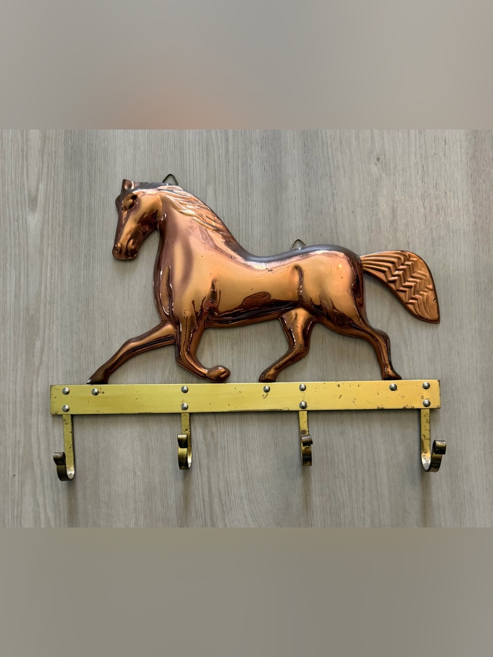 Vintage Copper And Brass Horse Wall 4 Hook Hanger Rare